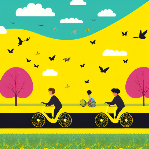 Ilustración de dos personas circulando en bicicletas amarillas para describir servicios de bicibús personalizados. 