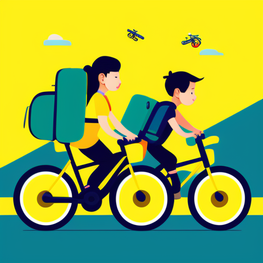 Due scolari in bicicletta con grandi zaini sulle spalle.